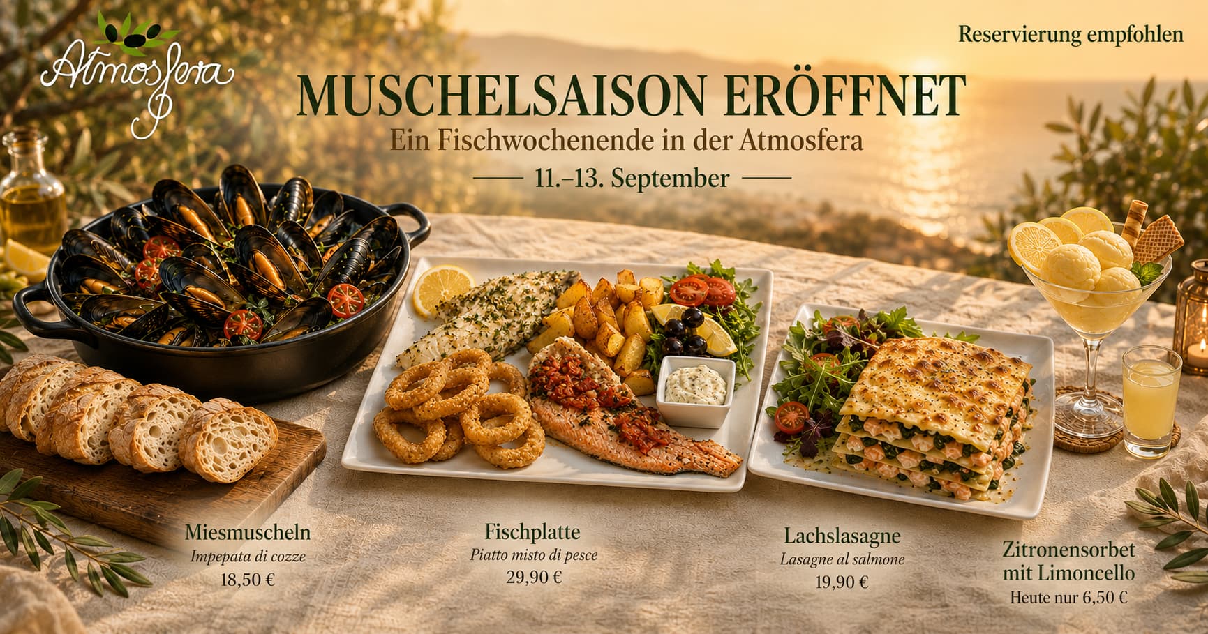 Muschelsaison eröffnet: Fischwochenende im Restaurant Atmosfera vom 11. bis 13. September 2026