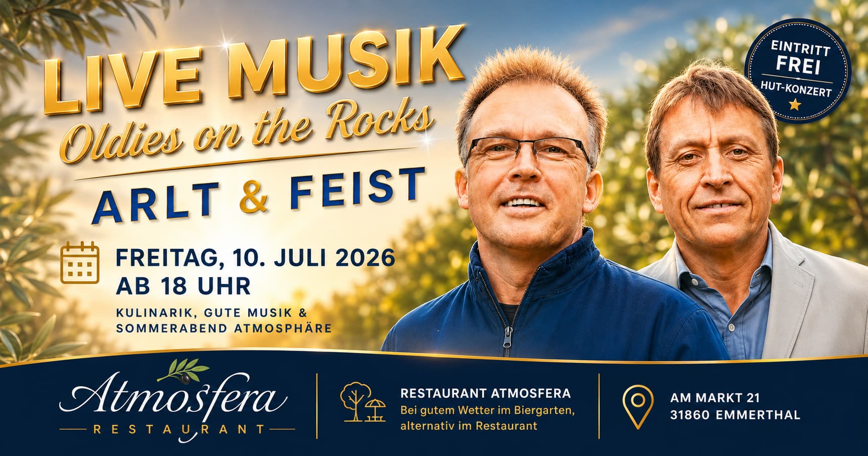 Musik-Abend mit Arlt & Feist im Restaurant Atmosfera am 10. Juli 2026