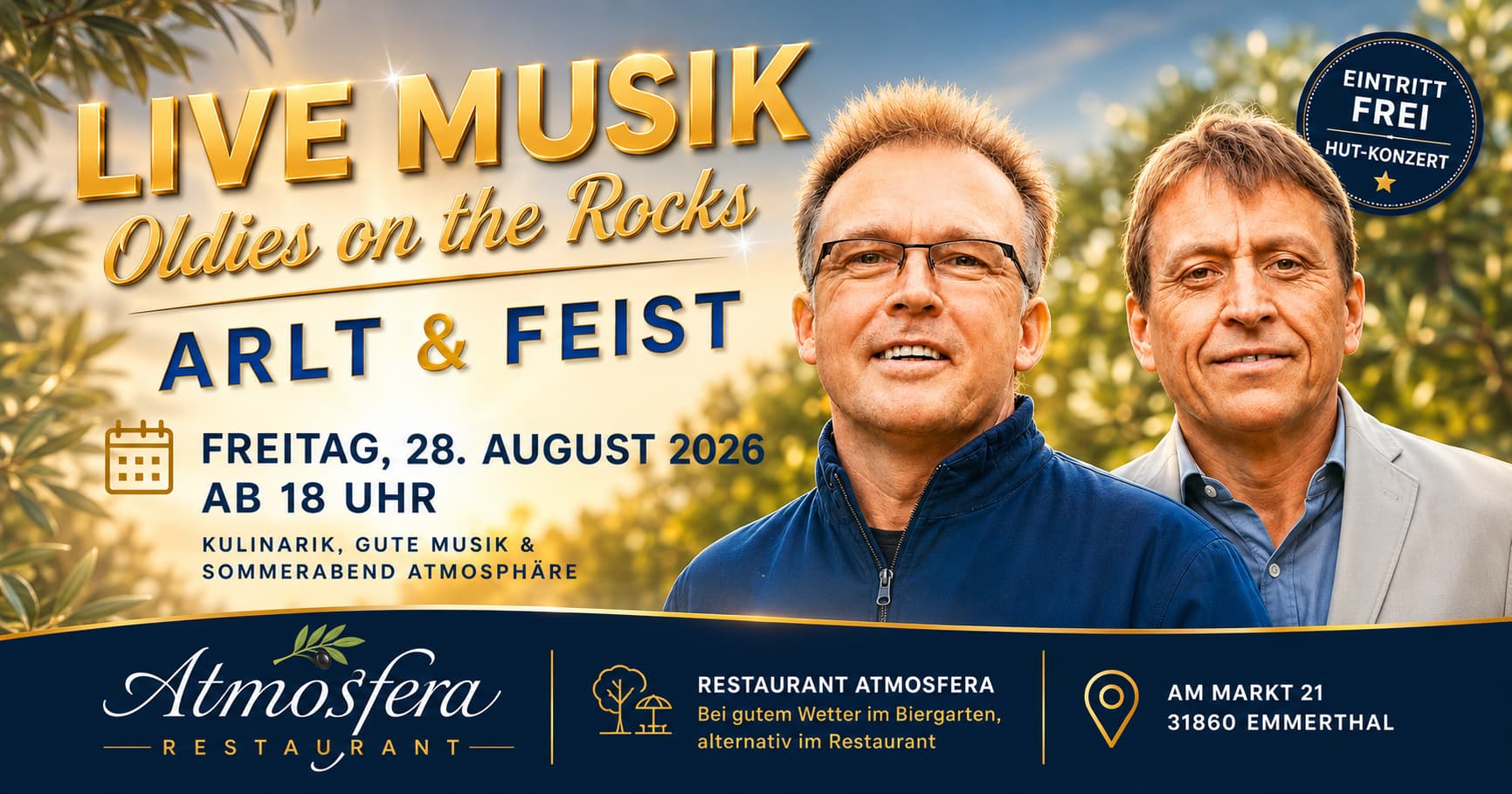 Musik-Abend mit Arlt & Feist im Restaurant Atmosfera am 28. August 2026