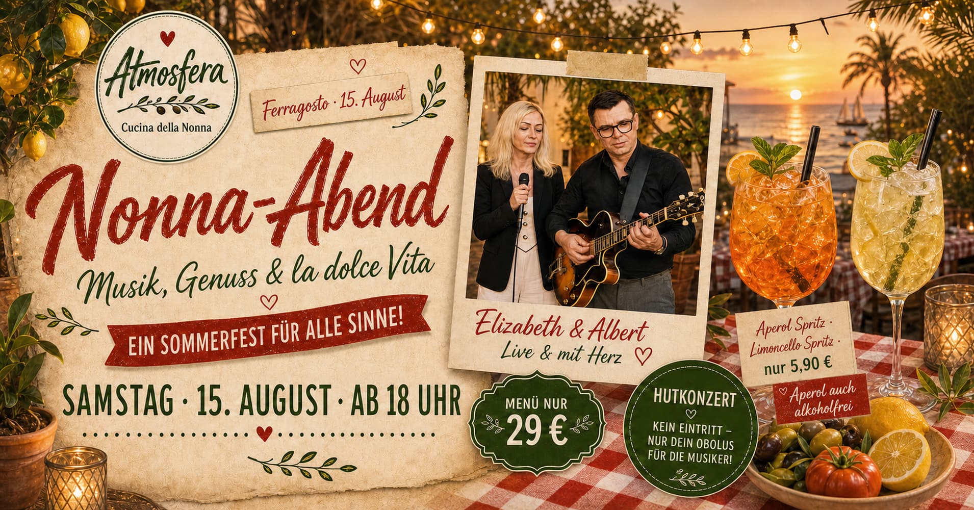 Ferragosto Nonna-Abend im Restaurant Atmosfera am 15. August 2026 mit Live-Musik von Elizabeth & Albert