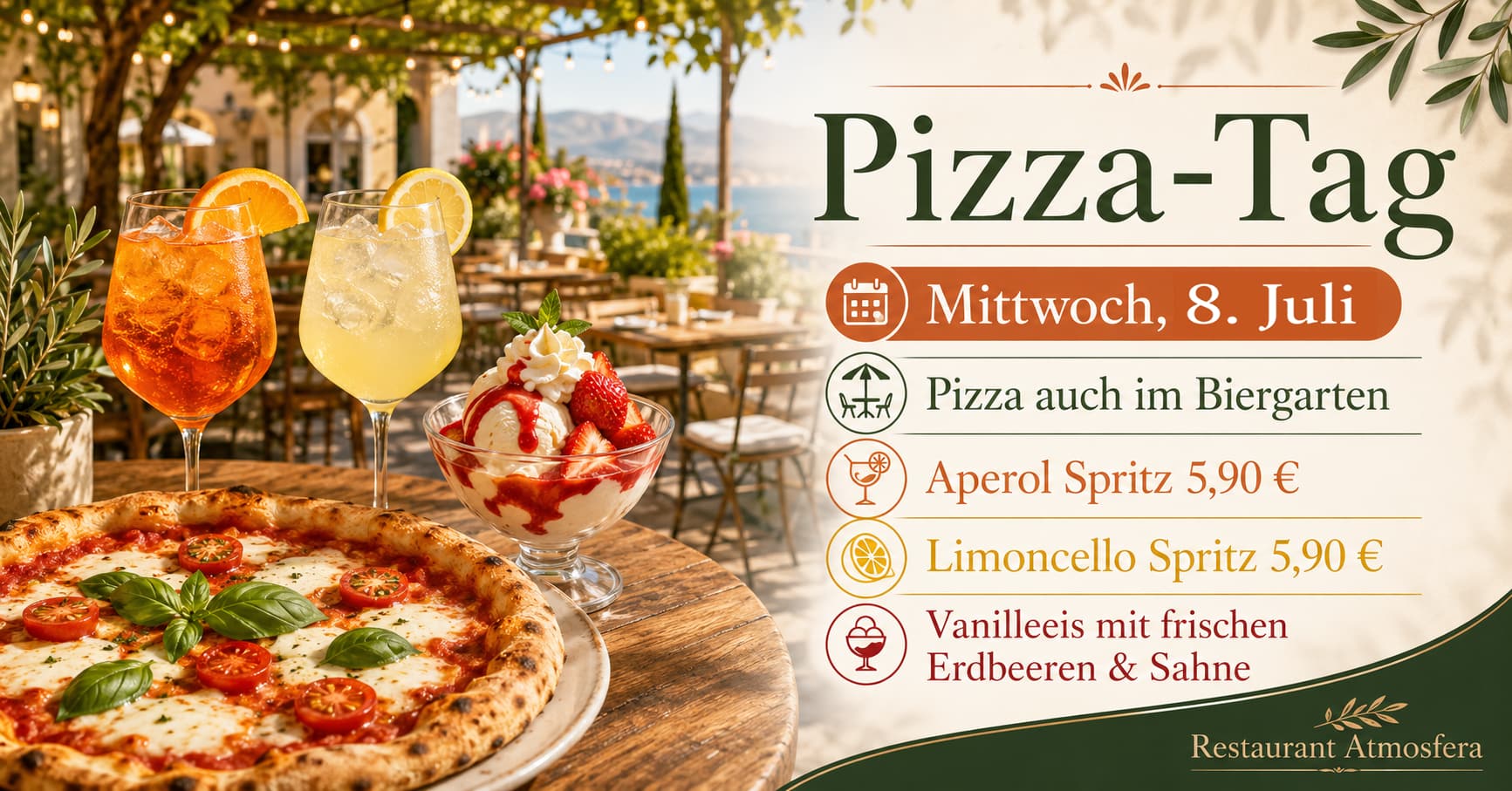 Pizza-Abend im Atmosfera am 8. Juli 2026 mit Pizza, Spritz und Biergarten bei schönem Wetter