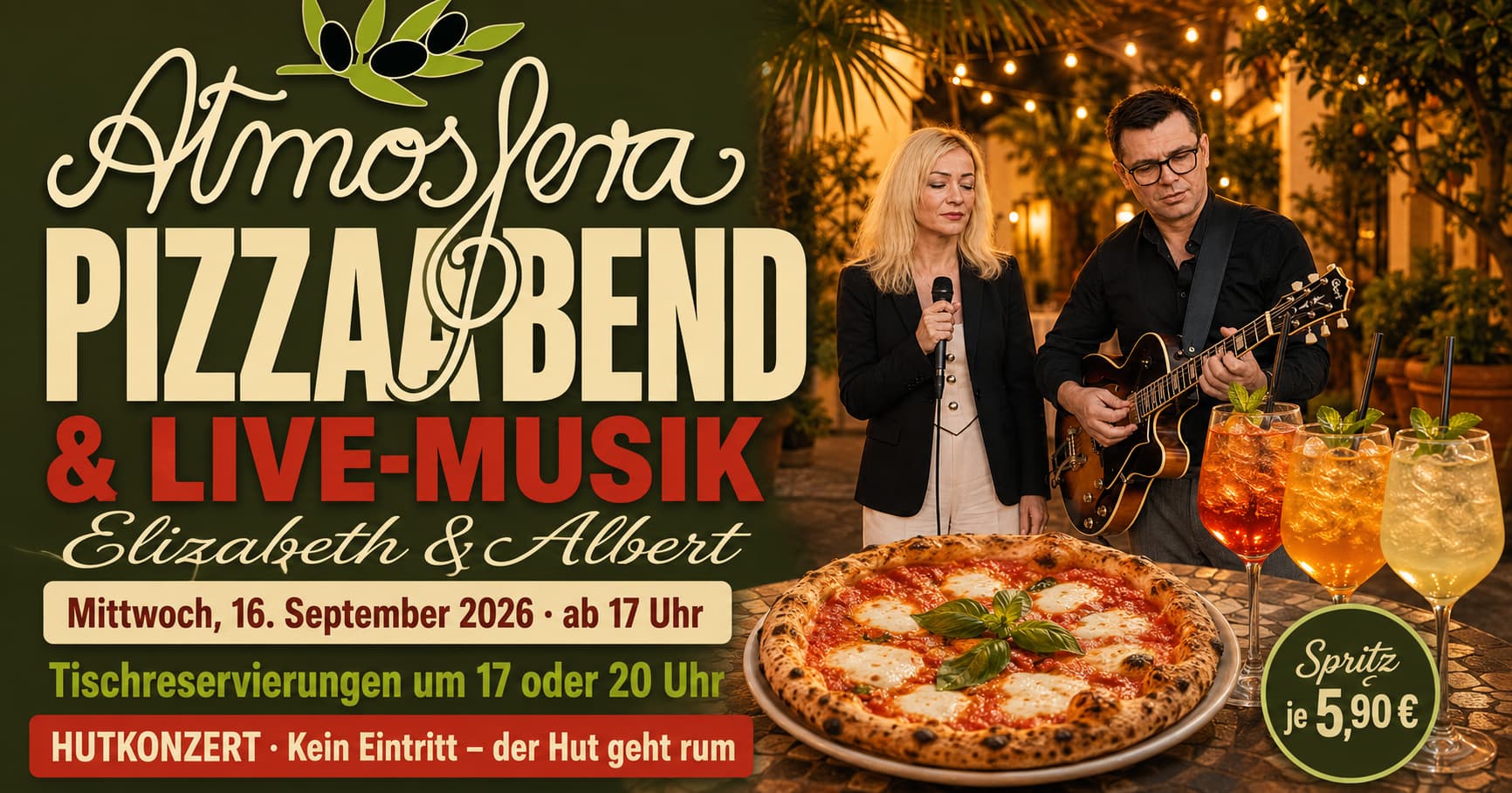 Pizzaabend mit Elizabeth & Albert im Restaurant Atmosfera am 16. September 2026